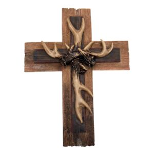 Rustic Wood Look Wall Cross Featuring Antlers, Rustic Décor, Religious Themed, 13.5 Inches