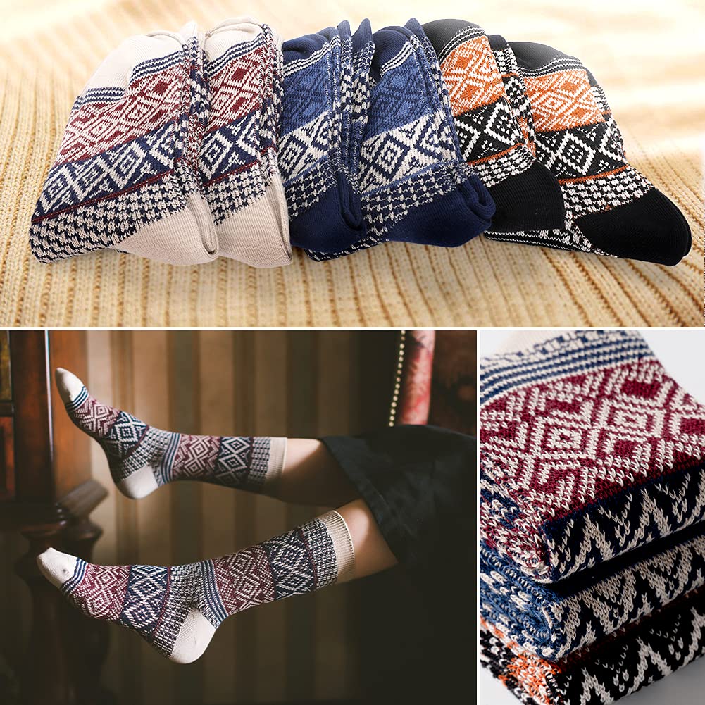 Luckit 6 Pack Warm Cotton Socks for Men and Women, Winter Cabin Socks Men, Vintage Fall Patterned Socks Unisex Knit Thick Cozy Socks