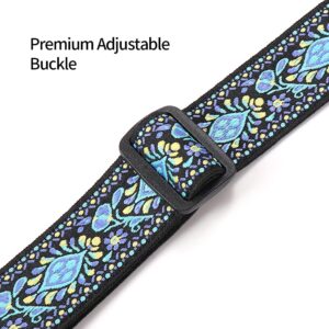 Eyeshot Ukulele Strap No Drill, Adjustable Double J Hook Clip on Uke Shoulder Strap, Hawaiian Jacquard Blue Flower Hands Free Ukelele Strap, Easy to Use and Fit Most Standard Uke Sizes