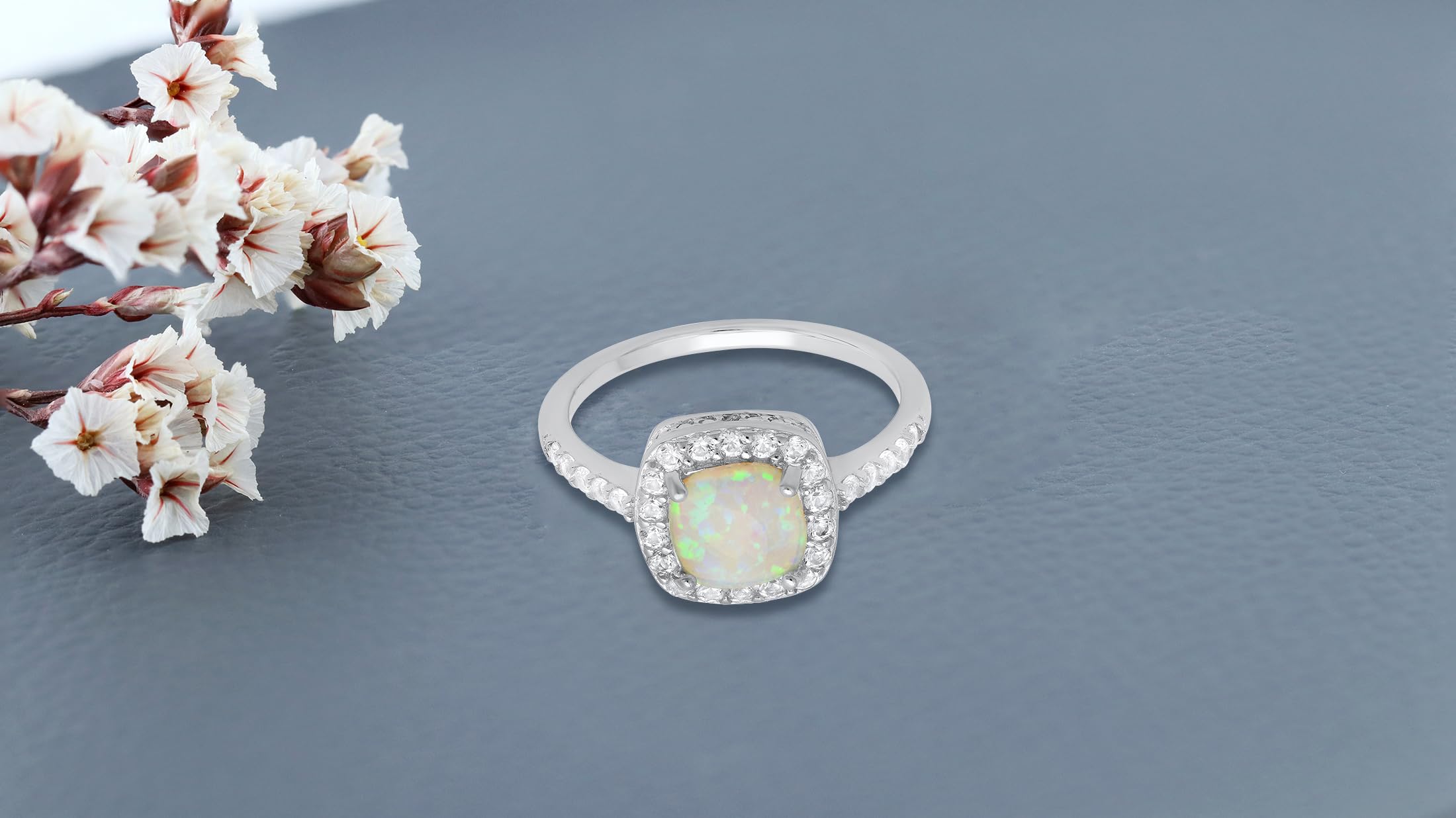 Dazzlingrock Collection 7 mm Cushion Lab Created Opal & Round White Sapphire Women Halo Style Vintage Traditional Engagement Ring | 925 Sterling Silver, Size 8