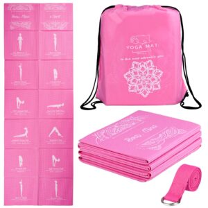 Foldable Yoga Mat for Women, Non Slip Exercise Mat for Home Gym, Travel Yoga Set With Stretch Strap for Yoga Pilates and Fitness, 68"L x 24"W x 5mm Thick (Pink)