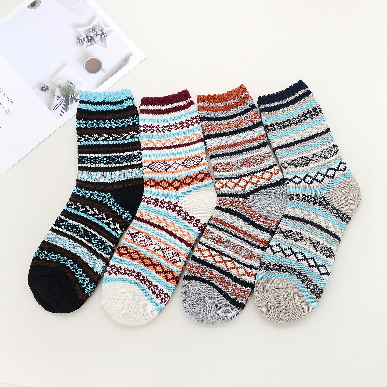 Mens Warm Wool Socks Soft Cozy Socks for Fall Winter Sports Socks Cashmere Athletic Crew Socks for Men Size 10-13 B (4 Pair Diamond)