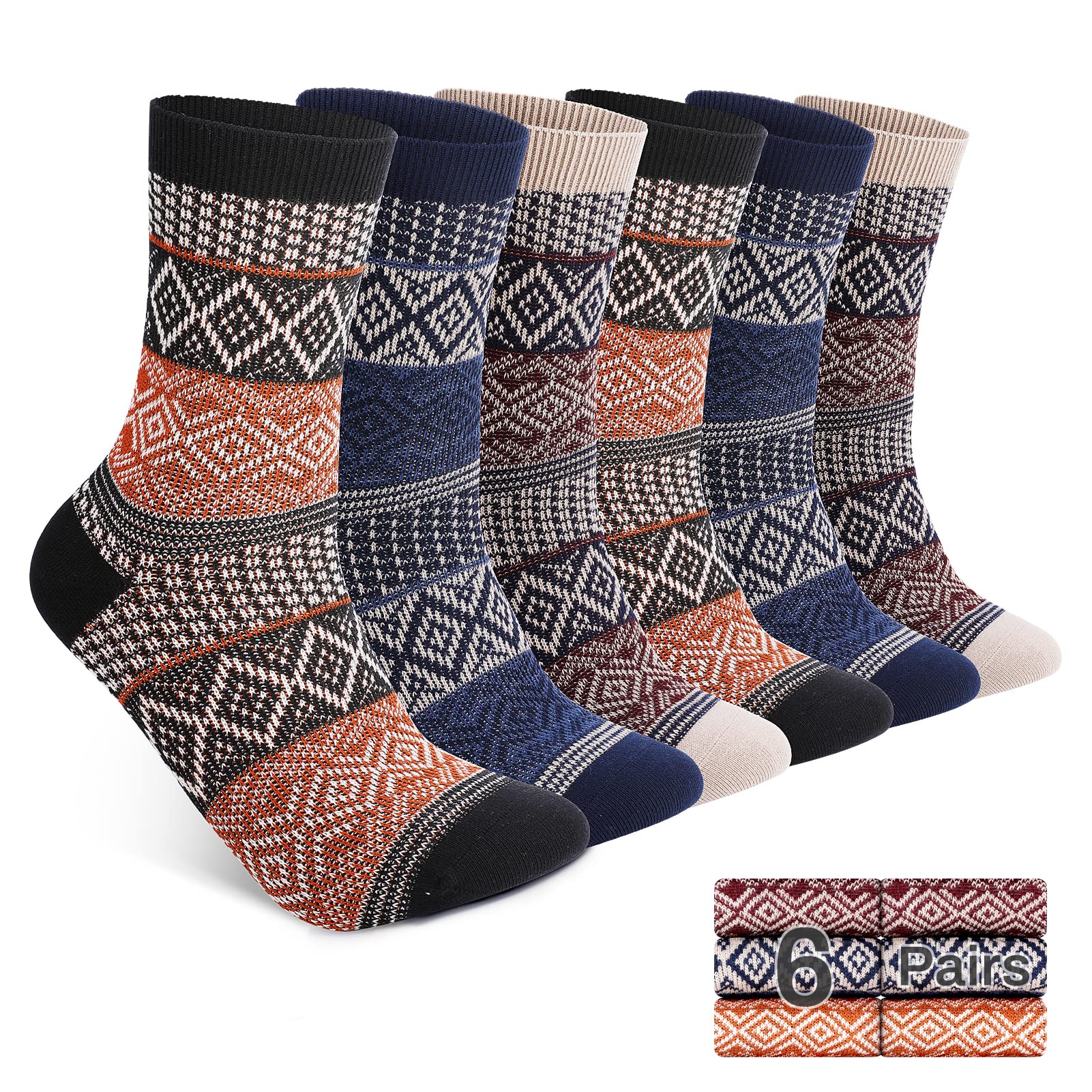 Luckit 6 Pack Warm Cotton Socks for Men and Women, Winter Cabin Socks Men, Vintage Fall Patterned Socks Unisex Knit Thick Cozy Socks