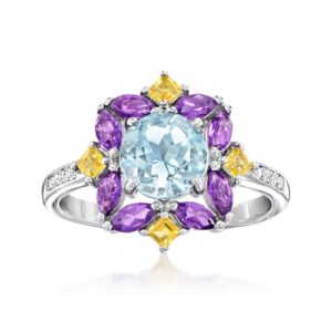 Ross-Simons 1.50 Carat Blue Topaz, .50 ct. t.w. Amethyst, .10 ct. t.w. Citrine Ring With White Topaz Accents in Sterling Silver. Size 7