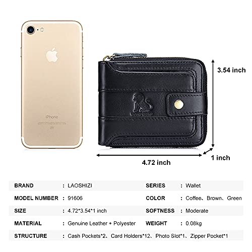 LAOSHIZI Mens Wallet with Zipper Genuine leather Black Zip Around Purse RFID Blocking Bifold ID Window With Coin Pocket