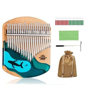 hluru 21 key ocean kalimba | round corner resin & beech material whale jellyfish thumb piano blue, hl-21bon