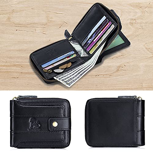 LAOSHIZI Mens Wallet with Zipper Genuine leather Black Zip Around Purse RFID Blocking Bifold ID Window With Coin Pocket