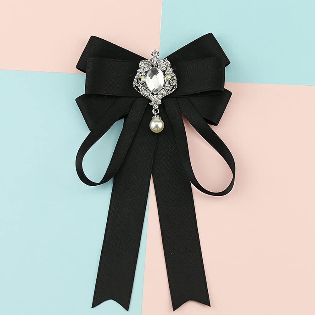 JKQBUX Bowknot Rhinestone Ribbon Bow Brooch Pre-Tied Bow tie for Women Neck Tie Wedding Party Christmas Gifts Ceremony Black