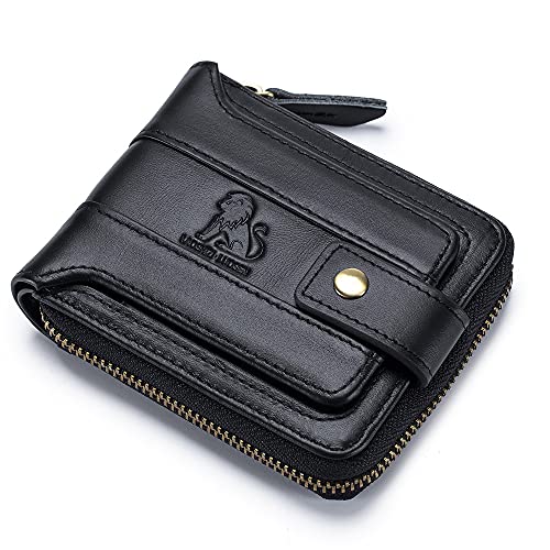 LAOSHIZI Mens Wallet with Zipper Genuine leather Black Zip Around Purse RFID Blocking Bifold ID Window With Coin Pocket