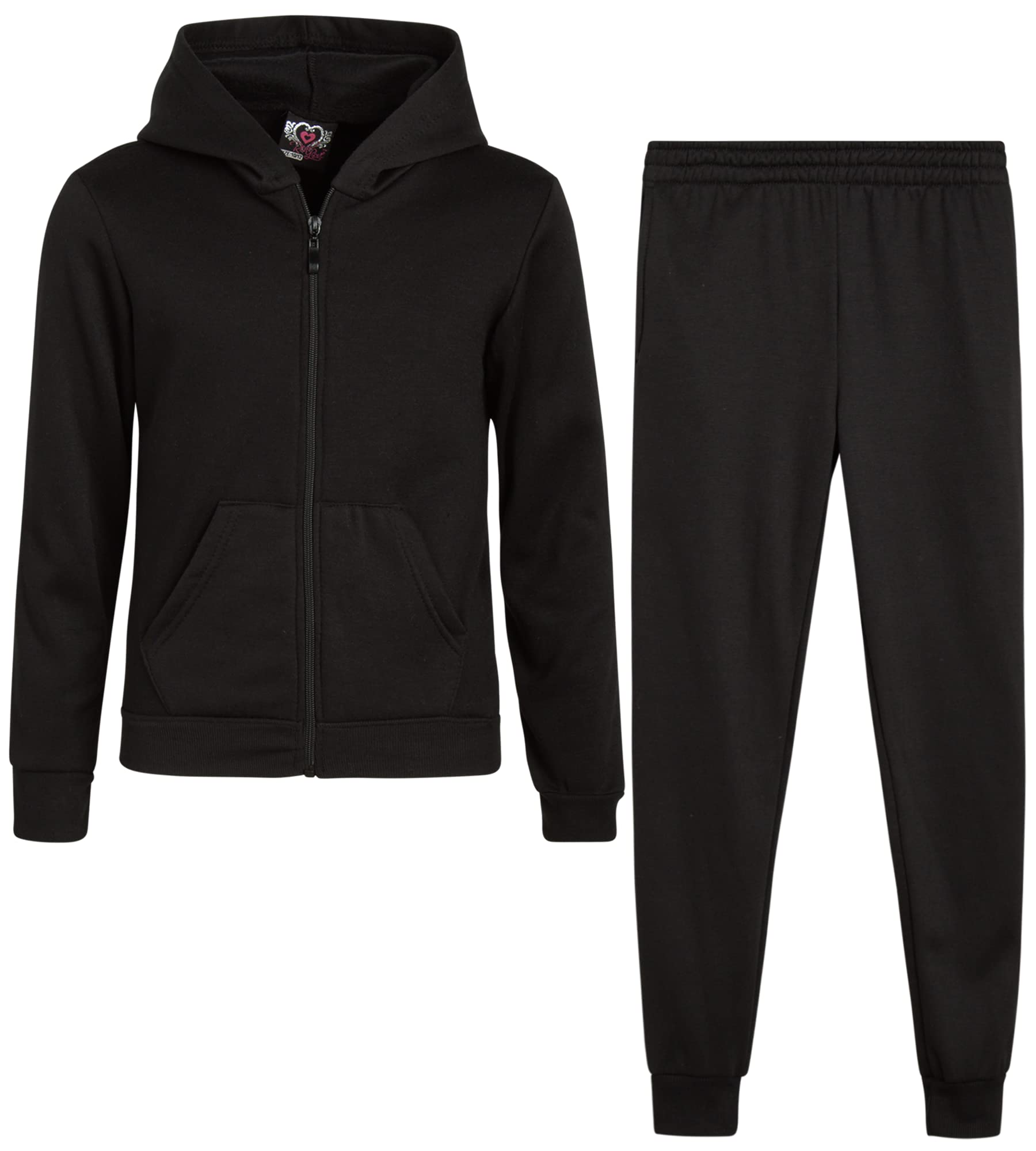 Real Love Girls' Jogger Set - 2 Piece Basic Fleece Solid Full Zip Hoodie and Sweatpants (Size: 7-16), Size 10-12, Black