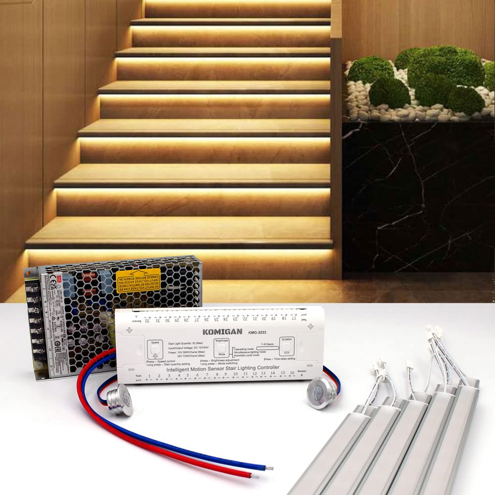 KOMIGAN Intelligent Motion Sensor Cascading Style LED Stair Lighting Kit KMG-3233, 23.6 Inch (60 cm) Length Aluminum LED Light Bar (Warm White 3000K, 16 Stairs)