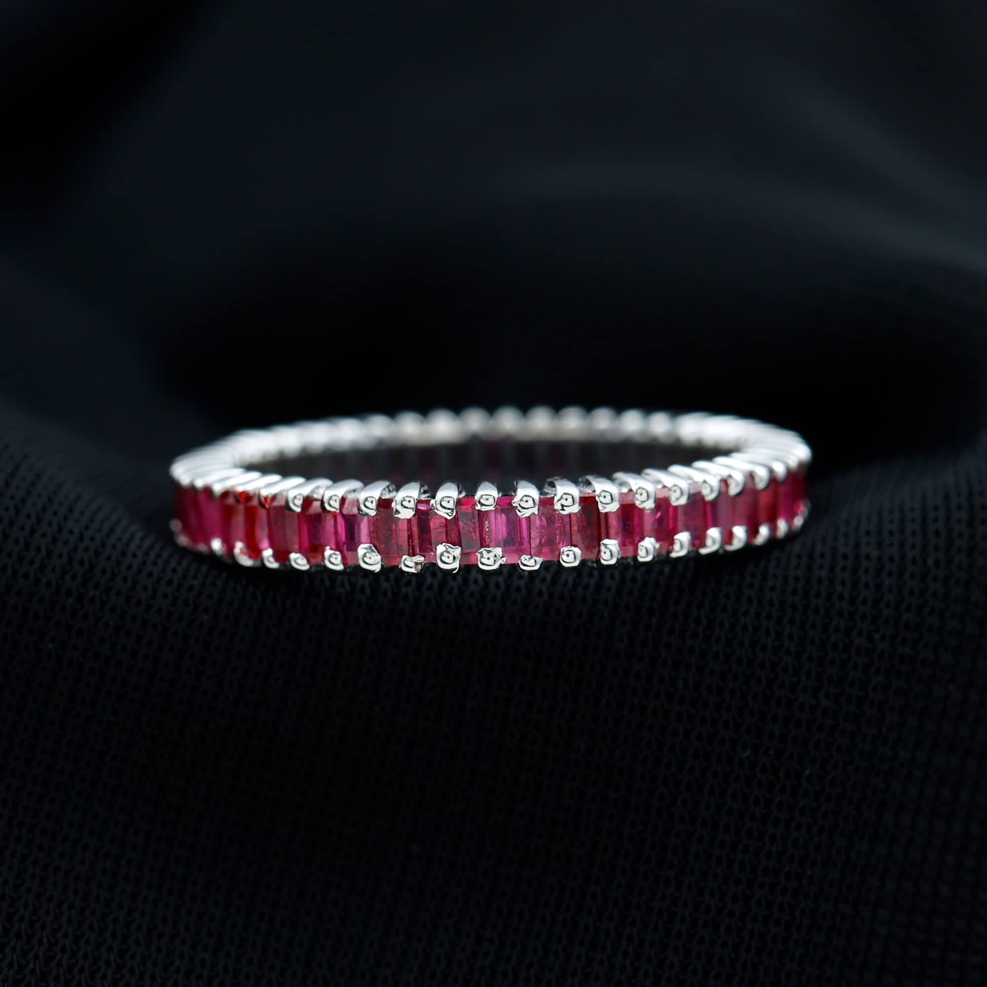 Baguette Ruby Eternity Anniversary Band for Women, July Birthstone Jewelry, Aaa Quality, 14K White Gold, Size:US 7.50