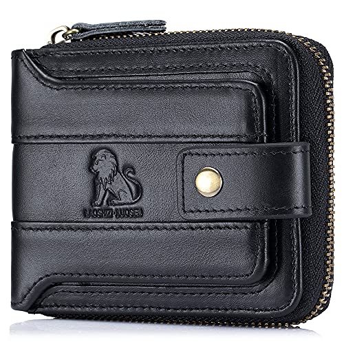 LAOSHIZI Mens Wallet with Zipper Genuine leather Black Zip Around Purse RFID Blocking Bifold ID Window With Coin Pocket