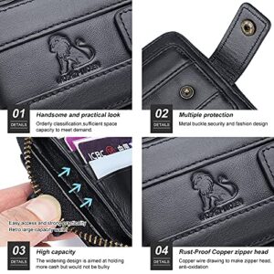 LAOSHIZI Mens Wallet with Zipper Genuine leather Black Zip Around Purse RFID Blocking Bifold ID Window With Coin Pocket