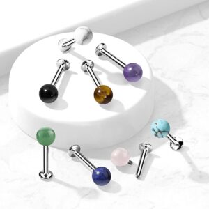 Covet Jewelry Natural Stone Internally Threaded 316L Surgical Steel Flat Back Studs for Labret, Monroe, Cartilage and More (16GA, L: 1/4" (6mm), Ball: 4mm, Howlite)