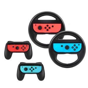 Beastron Racing Games Steering Wheel & Grips compatible with Switch, Joy-Con Steering Wheel & Grips, Black 4 Pack