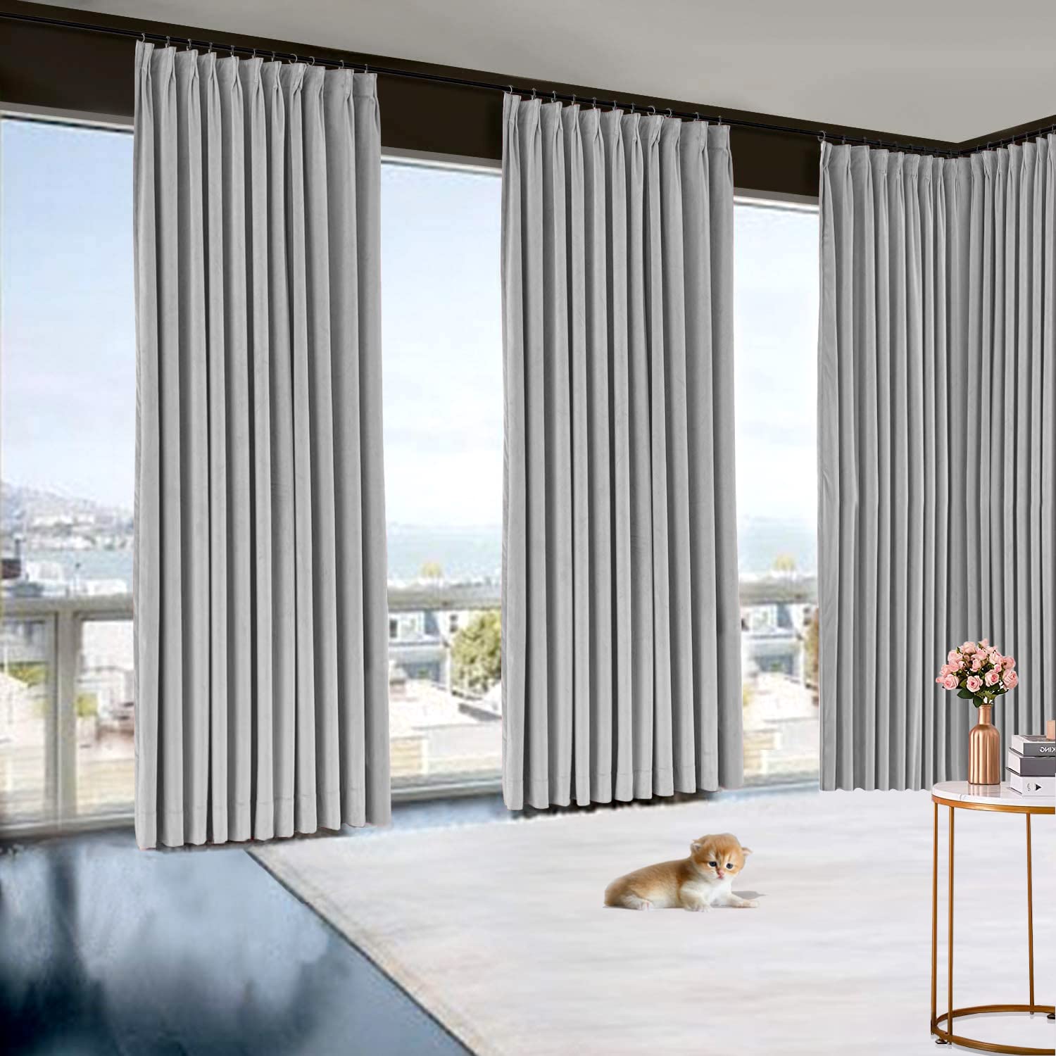 White House Linen 100% Polyester Room Darkening Twill Pinch Pleate Curtains Solid Drapes for Small Windows Doors with Ring (Light Grey,30 Inch Wide by 95 Inch Long-1 Panel)