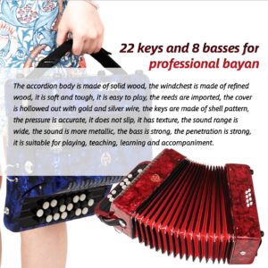 22 Keys 8 Bass Professional Accordion, Accordion Musical Piano Keyboard with Storage Backpack, 2 Straps, Piano Accordion Musical Instrument for Professional, Beginners (red)