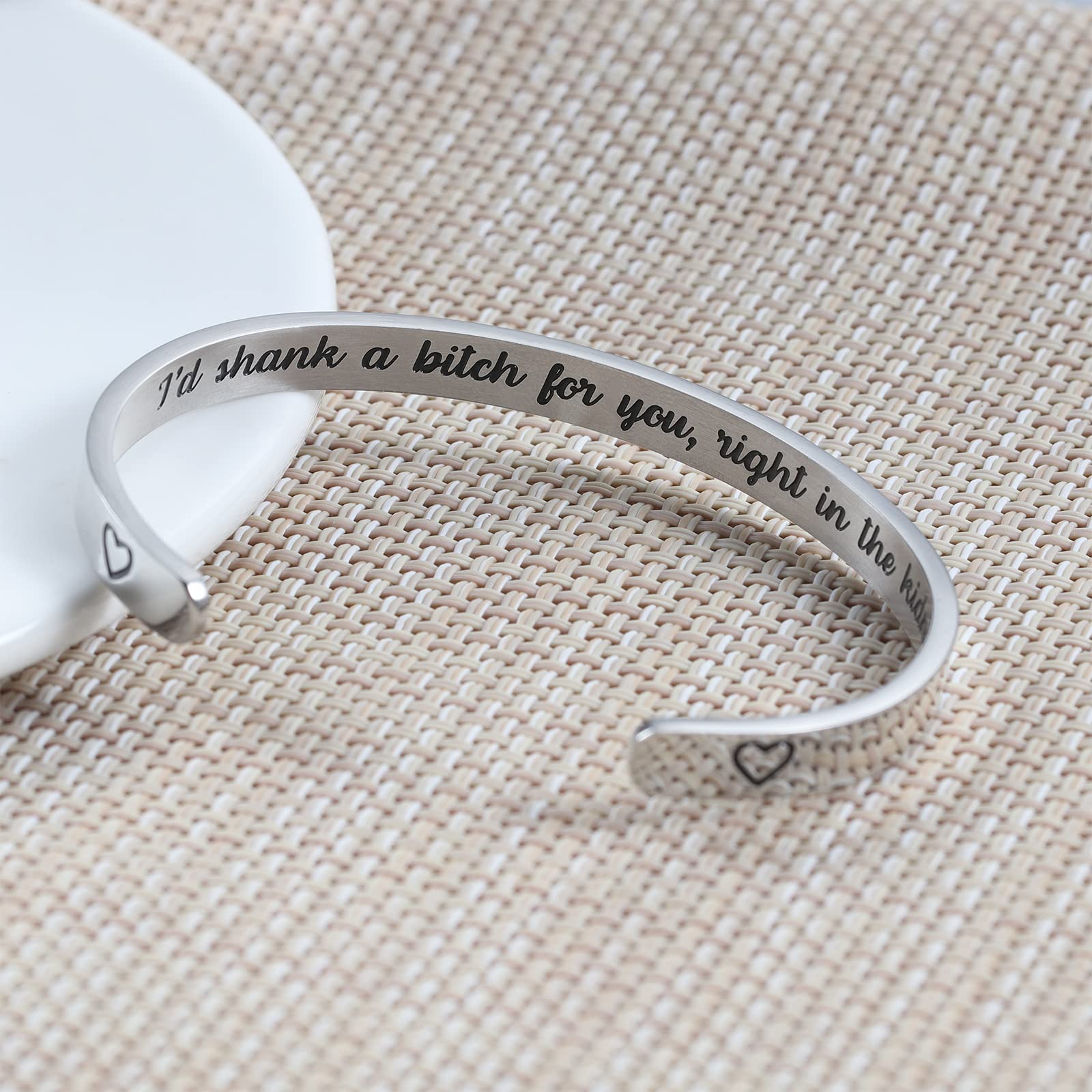 liforlove Best Friend Cuff Bracelet for Women Mantra Bracelets Engraved Stainless Steel Cuff Bangle Friendship Jewelry (I'd shank a bitch for you, right in the kidney)