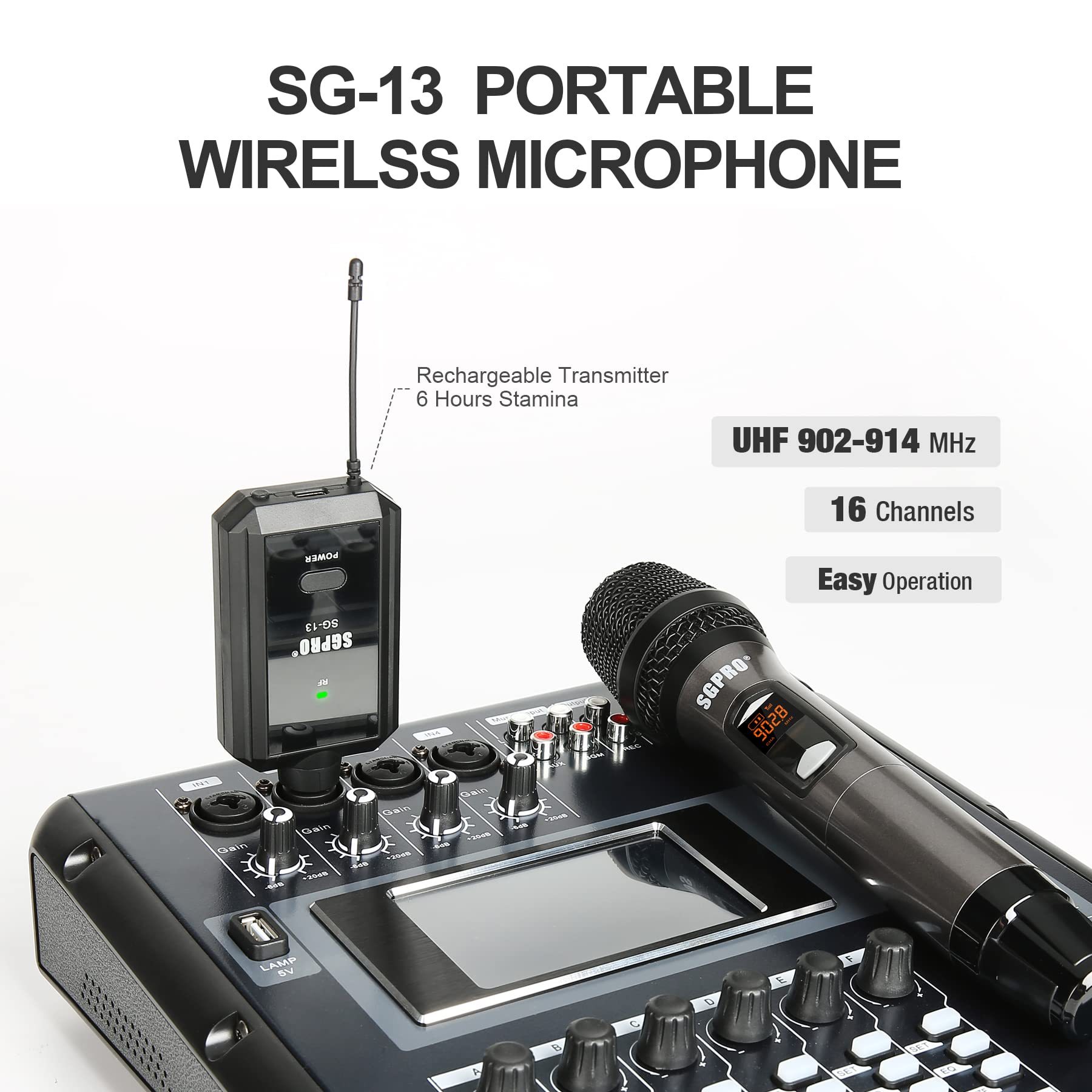 SGPRO Multiple-Purpose Wireless Microphone Set Compact Receiver Mute Function Battery Indicator for Singing, DJ, Speech, Classroom, Church, Home Karaoke and More (SG-13 | Single Handheld Set)