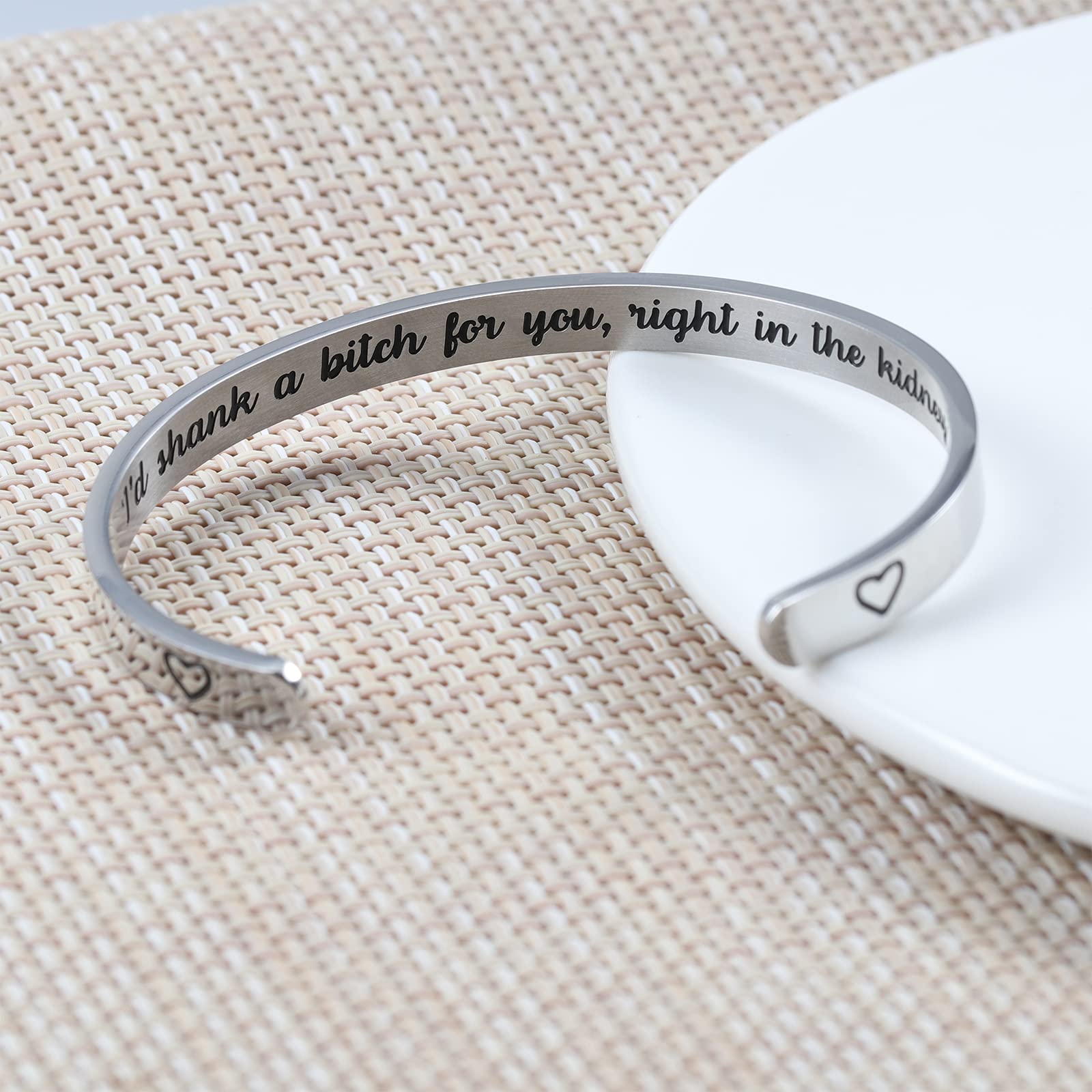 liforlove Best Friend Cuff Bracelet for Women Mantra Bracelets Engraved Stainless Steel Cuff Bangle Friendship Jewelry (I'd shank a bitch for you, right in the kidney)