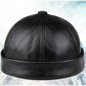 JGHJ Men Genuine Leather Skullcap, Sailor Cap Hat Beanie Rolled Cuff Retro Brimless Genuine Leather Beanie Hat (Black,L)