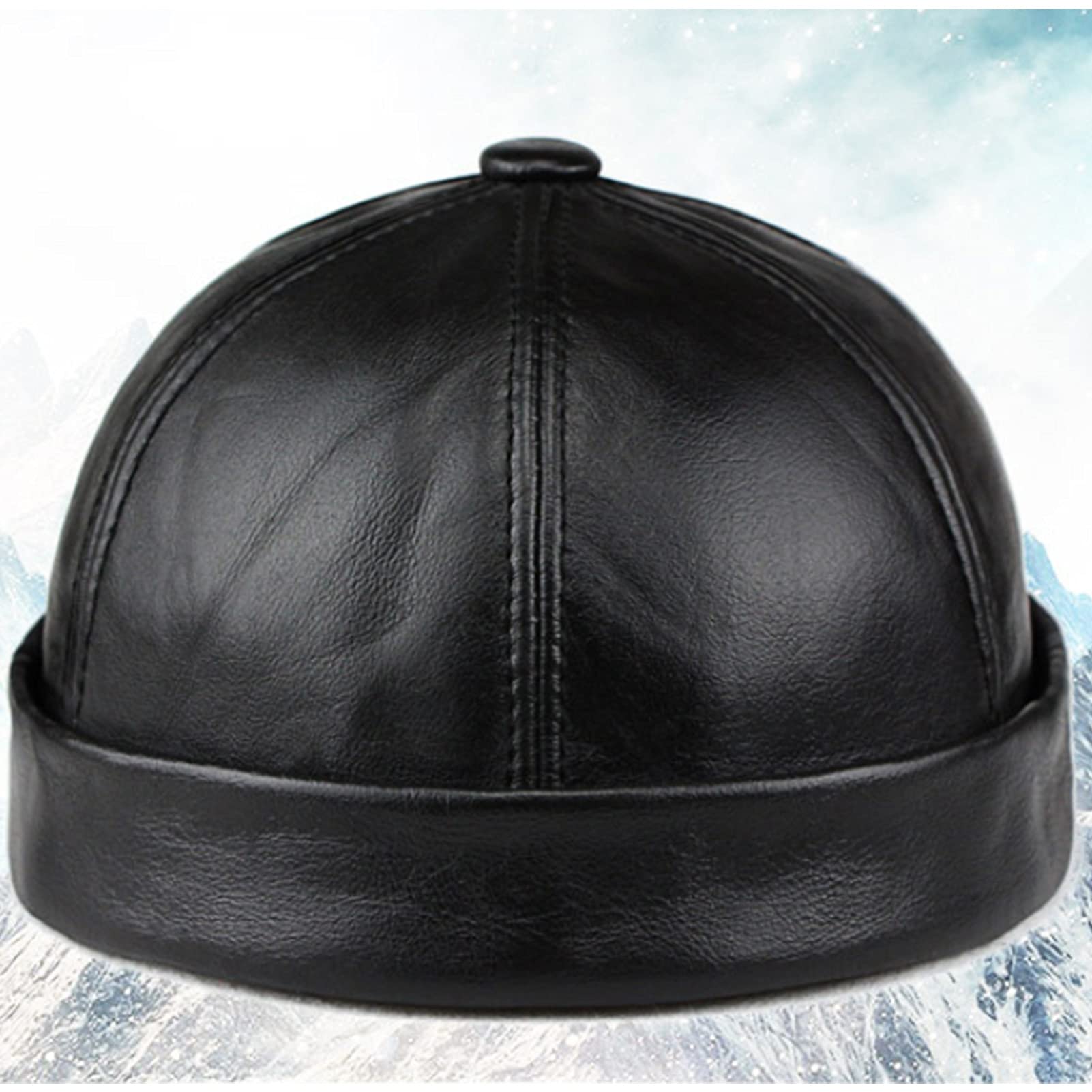 JGHJ Men Genuine Leather Skullcap, Sailor Cap Hat Beanie Rolled Cuff Retro Brimless Genuine Leather Beanie Hat (Black,L)