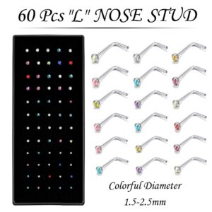 3 Sets 160 Pcs Nose Rings and Nose Studs, Surgical Stainless Steel Nose Piercings, Colorful Nose Rings Hoops Jewelry for Women, 1.5/2/2.5mm L Shaped Nose Rings Studs for Men, Idea Gift or Daily Wear