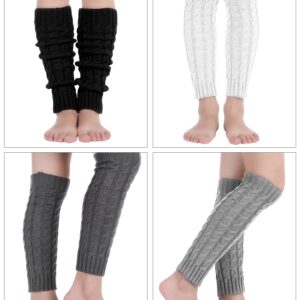 4 Pairs Leg Warmers for Women Girls Winter Long Leg Warmers Cable Knitted Crochet Boot Socks (White, Gray, Light Gray, Black)