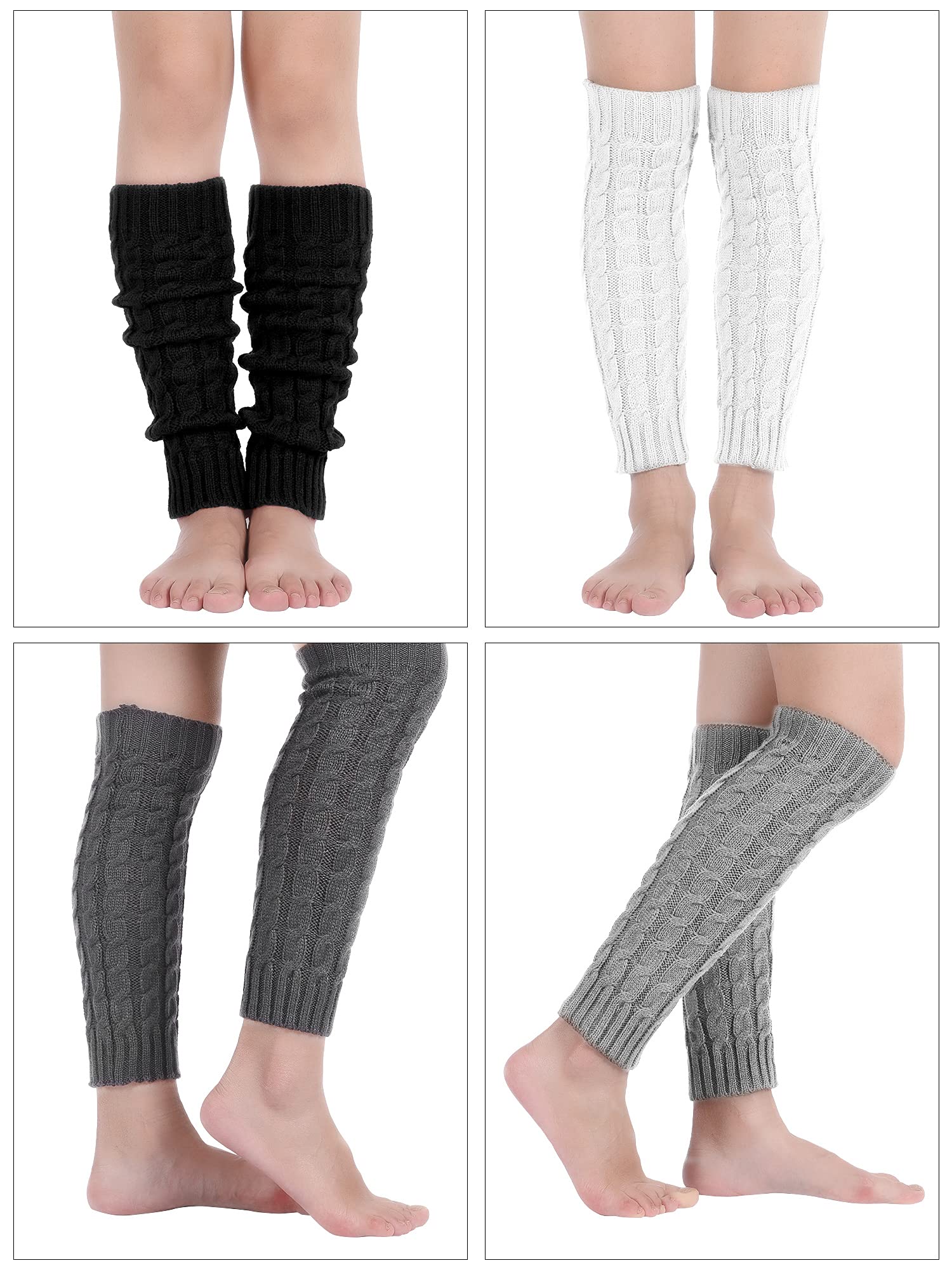 4 Pairs Leg Warmers for Women Girls Winter Long Leg Warmers Cable Knitted Crochet Boot Socks (White, Gray, Light Gray, Black)