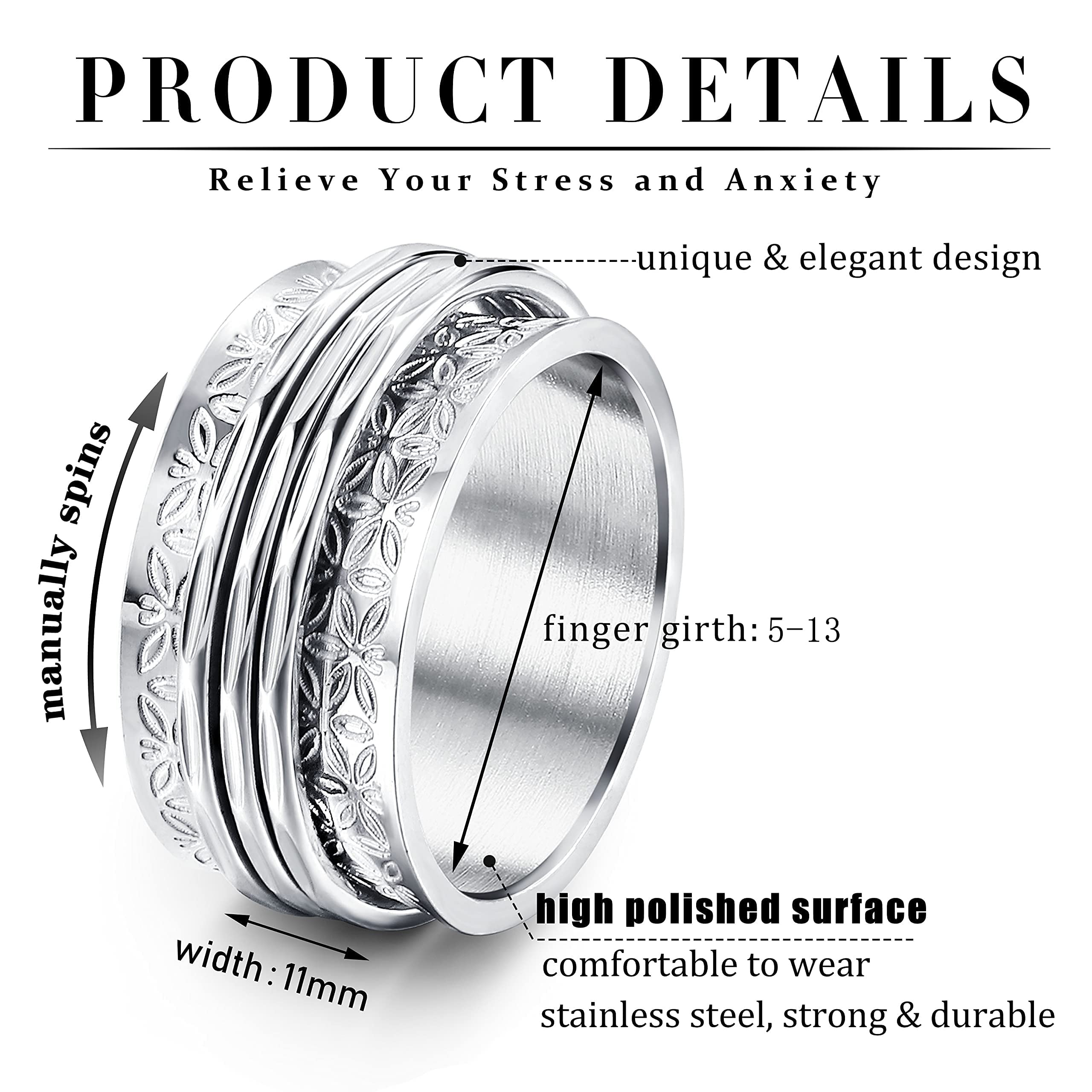 Magitaco Spinner Rings Stainless Steel Anxiety Rings Moon Star Flower Lunnar Phase Fidget Rings for Anxiety for Women Men