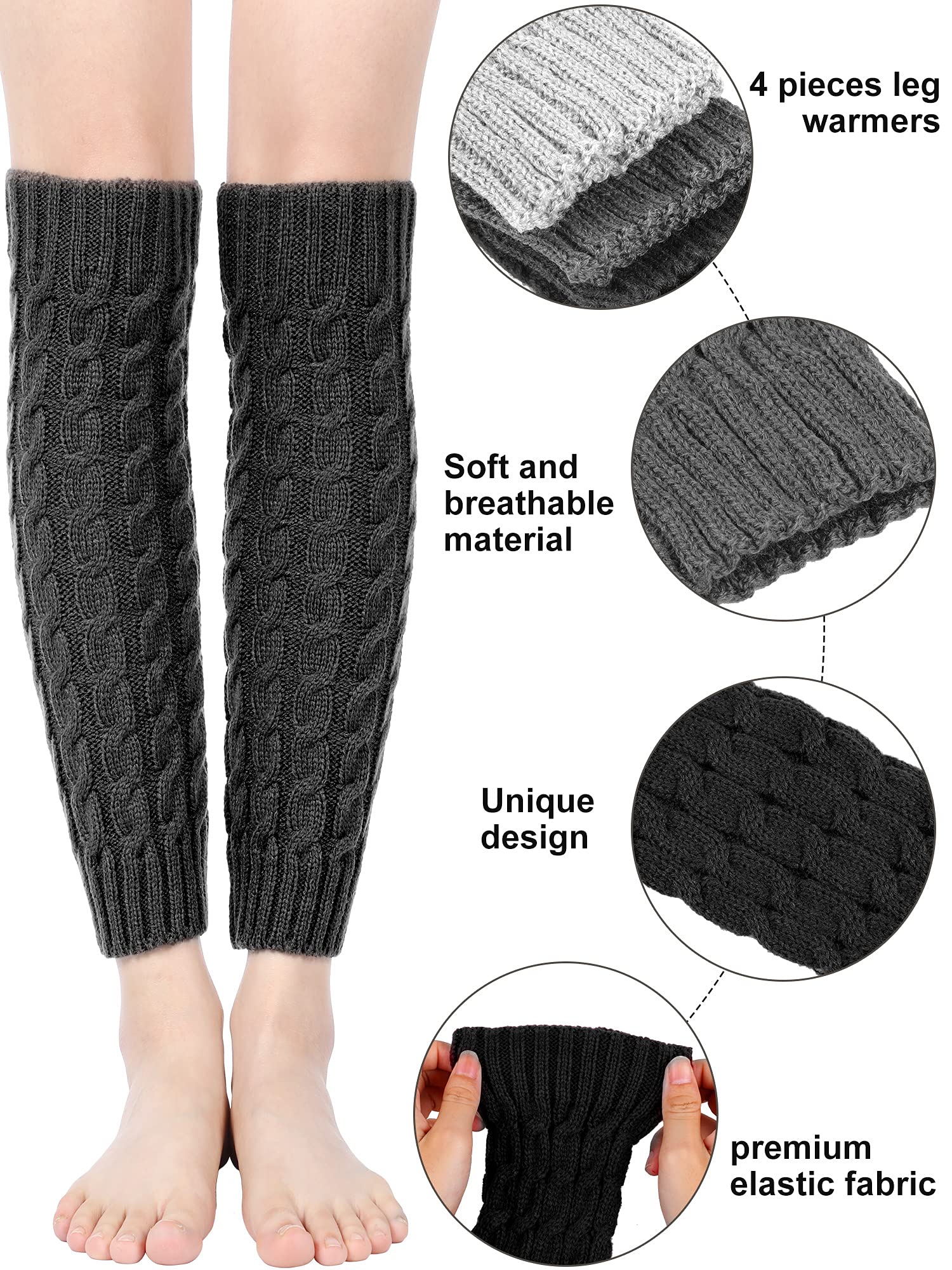 4 Pairs Leg Warmers for Women Girls Winter Long Leg Warmers Cable Knitted Crochet Boot Socks (White, Gray, Light Gray, Black)