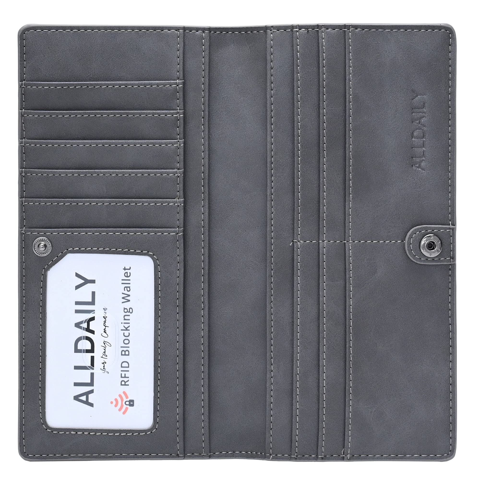 Alldaily Ultra Slim Thin Leather Women Wallet RFID Blocking Credit Card Holder Bifold Long Ladies Billfold (Grey)