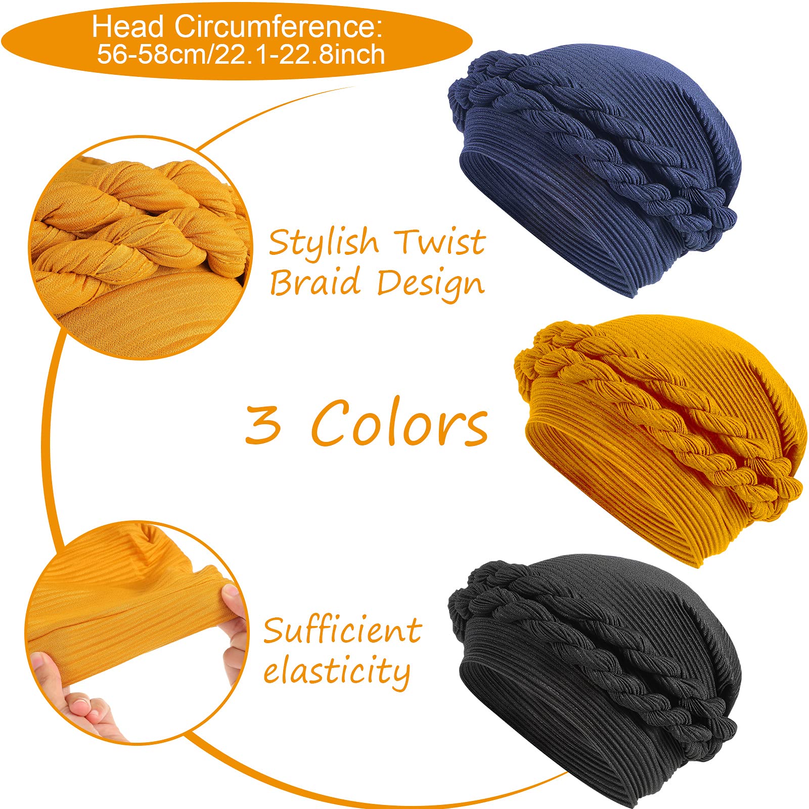 SATINIOR 3 Pieces African Women Turban Cap Head Wrap Knot Pre-Tied Bonnet Braid Turban for Women, Multicolored, One Size