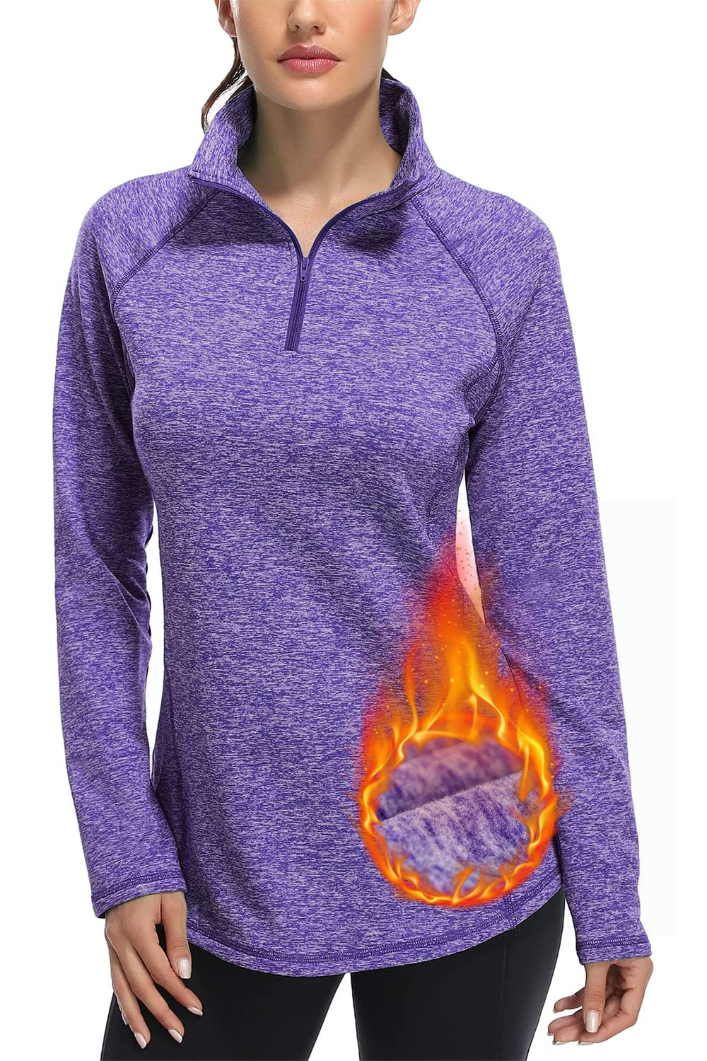 Miusey Womens Quarter Zip Pullover Long Sleeve Thermal Fleece Athletic Running Shirt Quick Dry 1/4 Zip Shirts Activewear Workout Tops Purple L