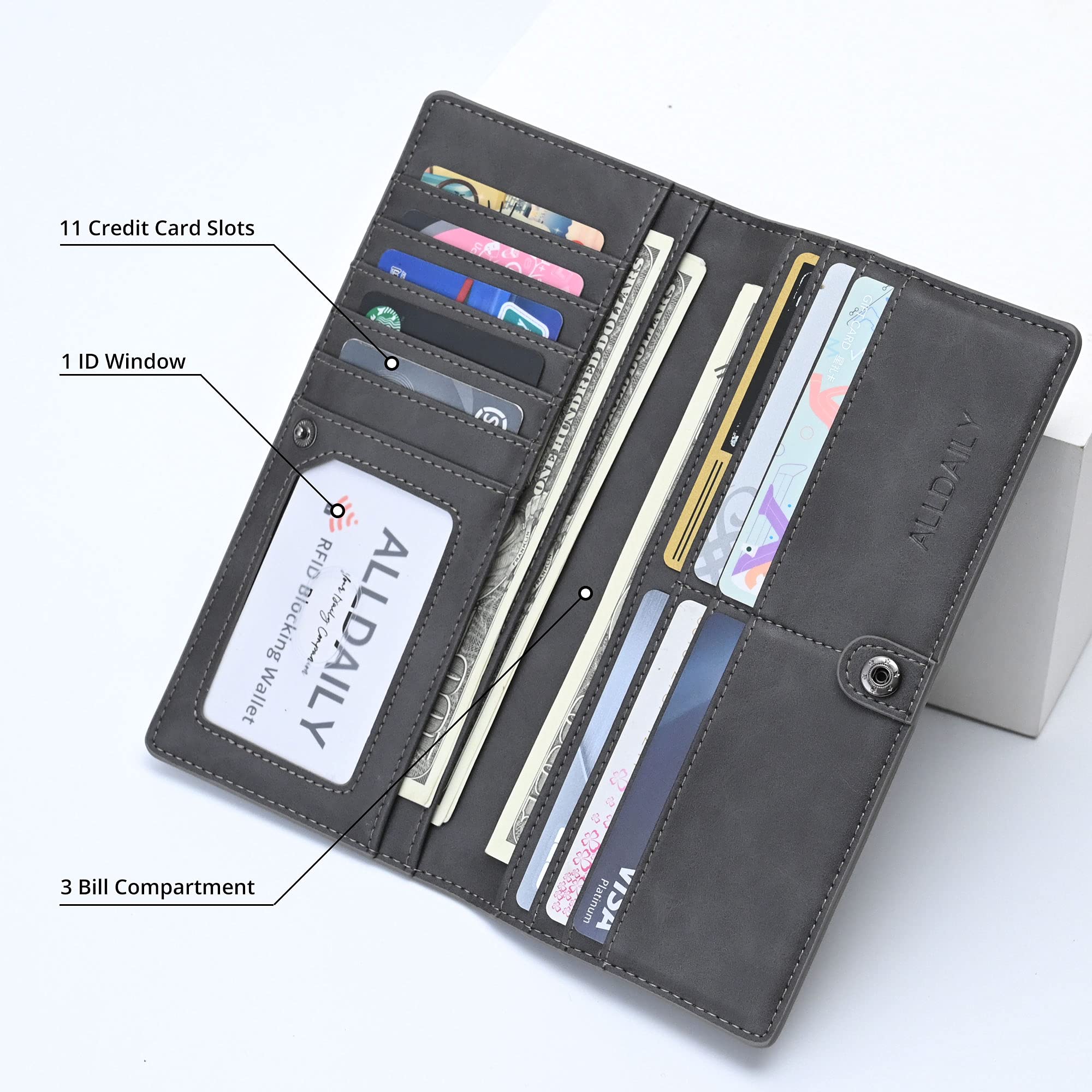 Alldaily Ultra Slim Thin Leather Women Wallet RFID Blocking Credit Card Holder Bifold Long Ladies Billfold (Grey)