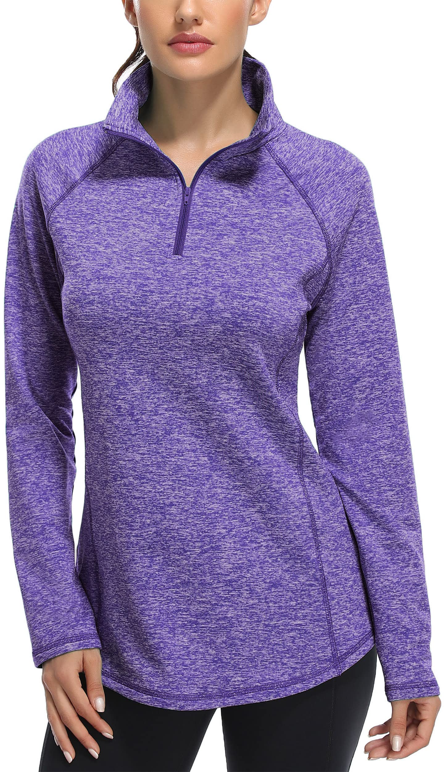 Miusey Womens Quarter Zip Pullover Long Sleeve Thermal Fleece Athletic Running Shirt Quick Dry 1/4 Zip Shirts Activewear Workout Tops Purple L