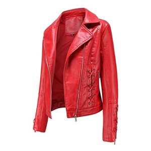 5665 Women Waterproof PU Leather Jackets, Cropped Stand Collar Zipper Biker Jacket Fitted PU Cycling Motorcycle Jacket Coats Red, 3X-Large