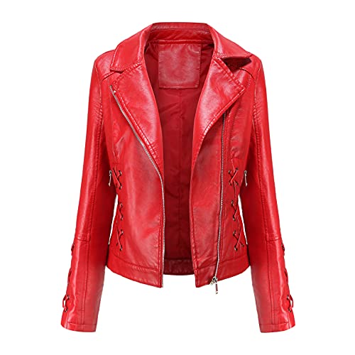 5665 Women Waterproof PU Leather Jackets, Cropped Stand Collar Zipper Biker Jacket Fitted PU Cycling Motorcycle Jacket Coats Red, 3X-Large