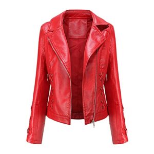 5665 Women Waterproof PU Leather Jackets, Cropped Stand Collar Zipper Biker Jacket Fitted PU Cycling Motorcycle Jacket Coats Red, 3X-Large