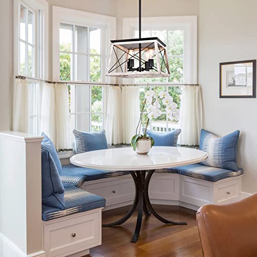 Merbotin Farmhouse Chandelier for Dining Room, Rustic Kitchen Island Light Fixture, White Wood Distressed Large Pendant Light, 4 Light Chandelier Hanging Ceiling Light for Entryway Hallway Foyer