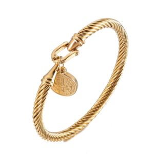 MORE FUN Catholic Saint Benedict Bracelets, Blessings Medal Stainless Steel Charm Pendant Twisted Cable Bangle Bracelet, Gold Plated