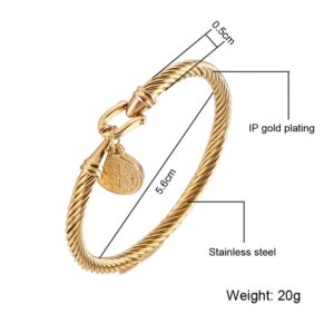 MORE FUN Catholic Saint Benedict Bracelets, Blessings Medal Stainless Steel Charm Pendant Twisted Cable Bangle Bracelet, Gold Plated