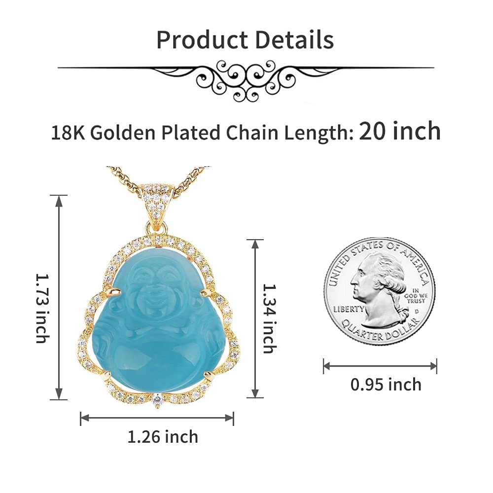 ASGIFT Blue Laughing Buddha Necklace Lucky Smiling Buddha Cubic Zirconia Gemstone Pendant with 18K Gold Plated Chain Crystal Buddah Necklaces Jewelry Gift for Men Women