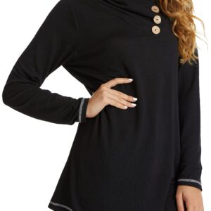 WEIYAN Women's Cowl Neck Tunic Long Sleeve Pullover Shirt Casual Sweatshirt Loose Tops with Buttons(Black,X-Large)