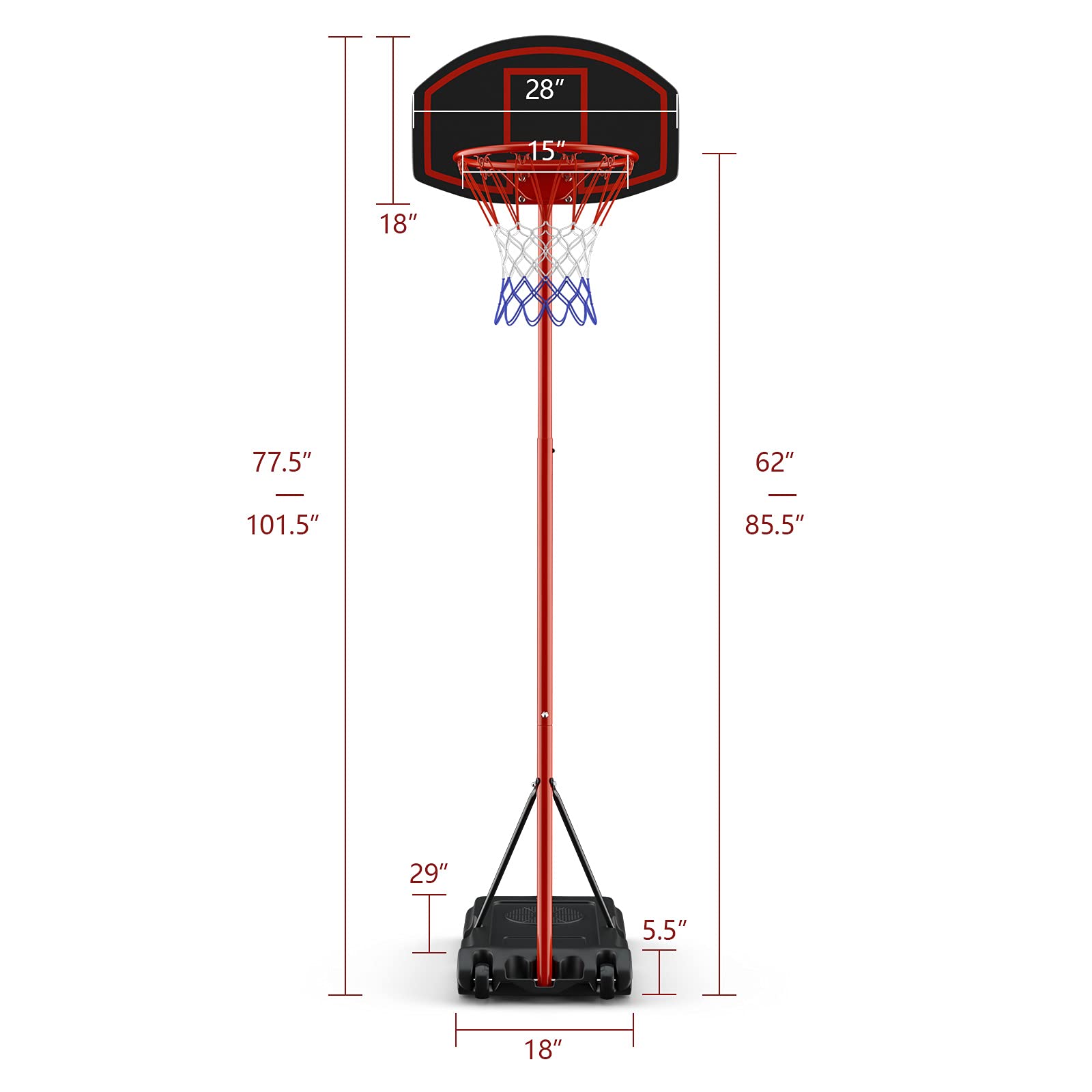 Giantex Portable Basketball Hoop Adjustable Height 6.5-8.5 FT, Backboard System Stand with 2 Wheels, Fillable Base, Weather-Resistant Nylon Net, Basketball Goal Indoor Outdoor for Kids Youth