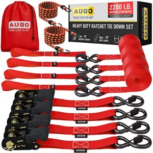 augo ratchet straps heavy duty 4 pack -15 ft - 2200 lb break strength – ratchet tie down straps with safety lock s hooks - cargo straps for moving, appliances, motorcycle – soft loop tie down straps