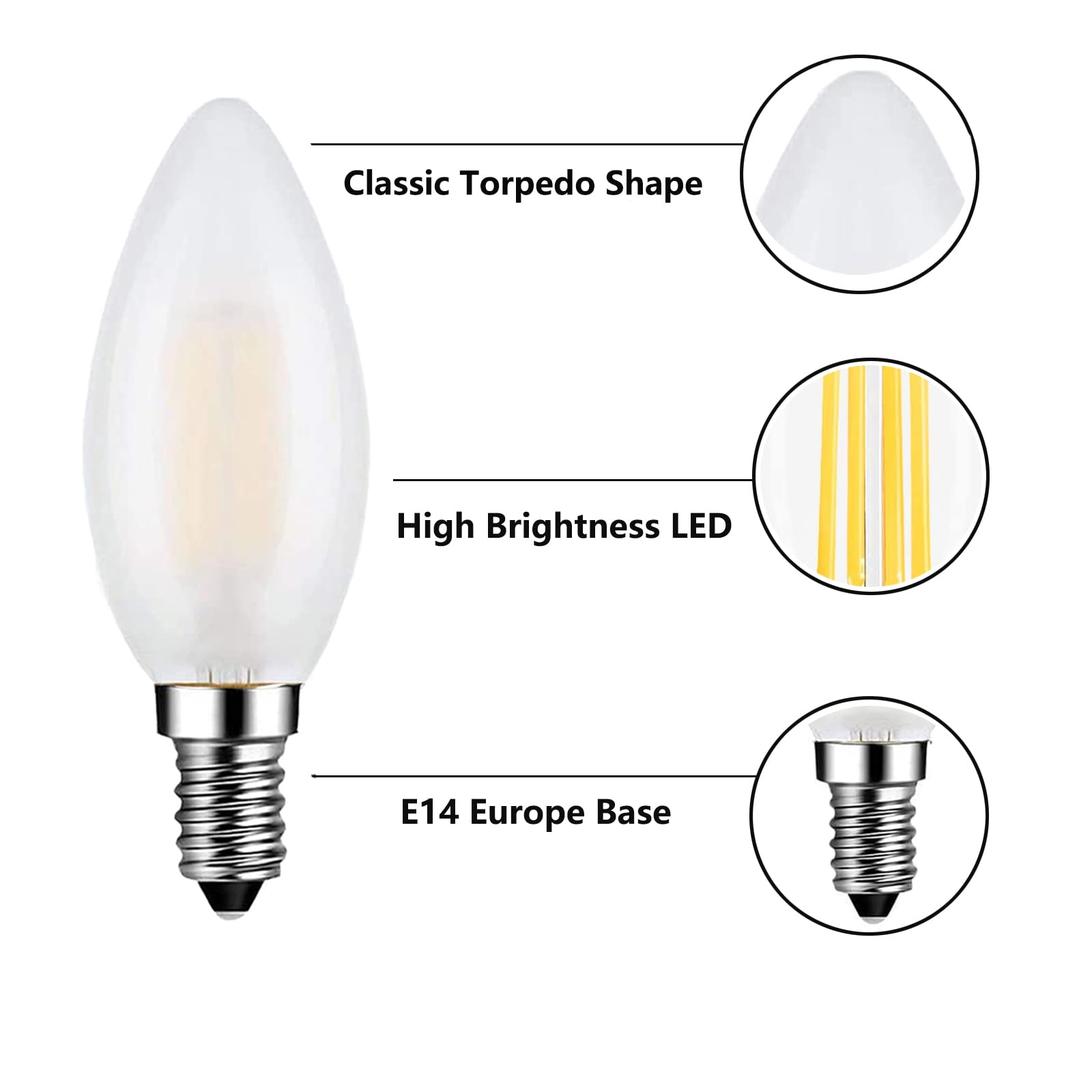 E14 LED Candelabra Bulb 40W Equivalent 4W Dimmable LED Candle Light Bulbs, 3000K Soft White 400 Lumen E14 Frosted Glass Decorative Bulb, 4 Pack