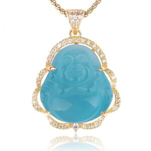 ASGIFT Blue Laughing Buddha Necklace Lucky Smiling Buddha Cubic Zirconia Gemstone Pendant with 18K Gold Plated Chain Crystal Buddah Necklaces Jewelry Gift for Men Women