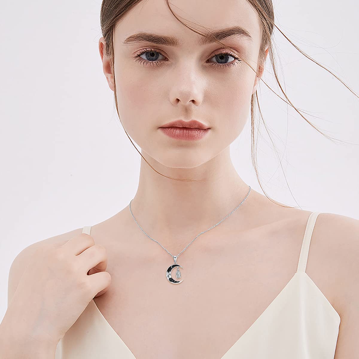 Flpruy Bat Crescent Moon Necklace 925 Sterling Silver Gothic Pendant Black CZ Mountain Necklace Jewelry for Women